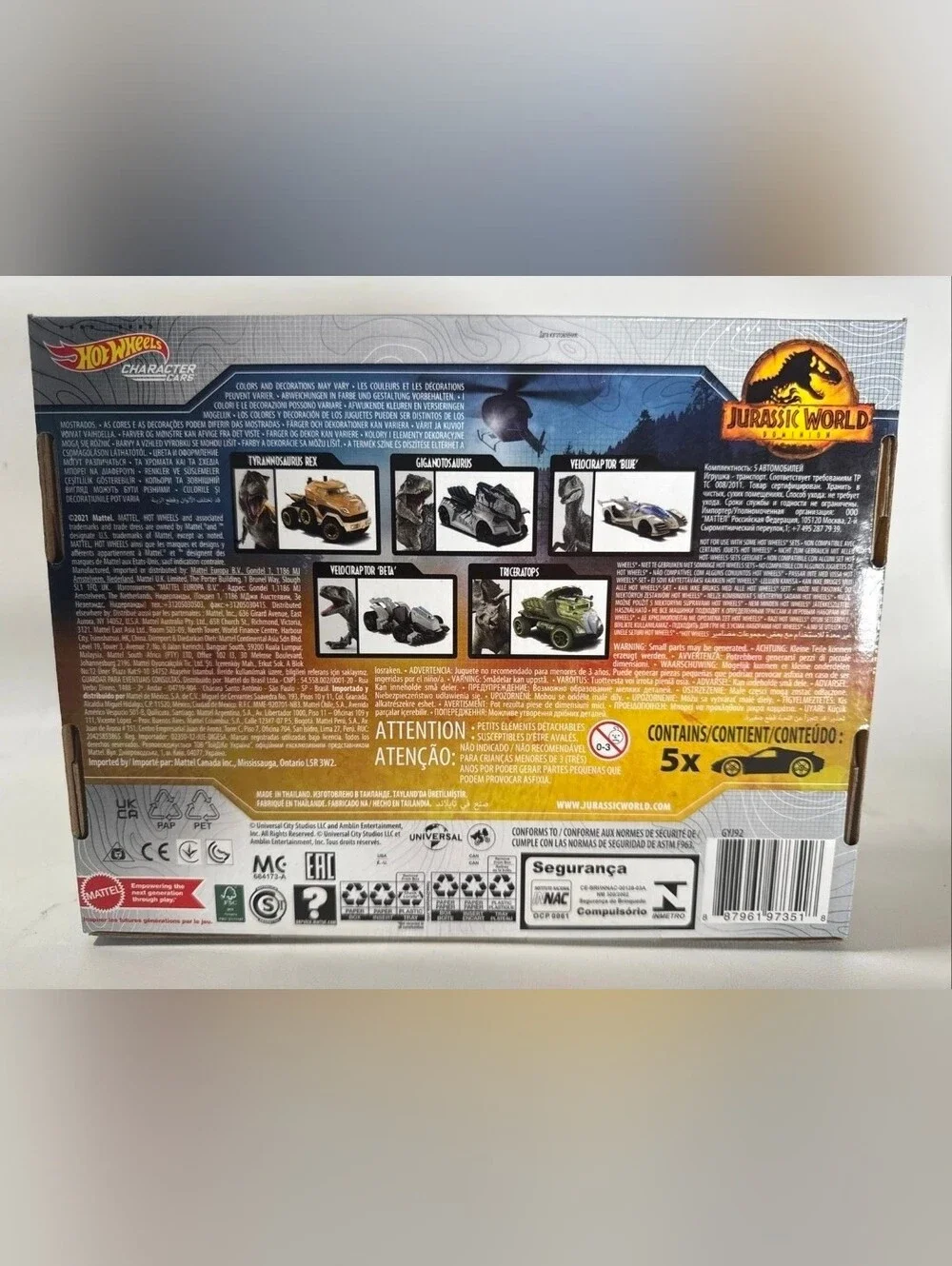 Hot Wheels Jurassic World Dominion Character Car 5 Pack Box Set Brand New